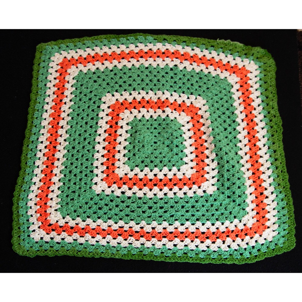 Vintage‎ Handmade Crochet Granny Square Baby Blanket Green Orange Cream 35x35
